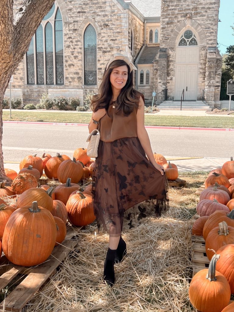 Chicwish 3D mesh skirt in Tan and pumpkins 
